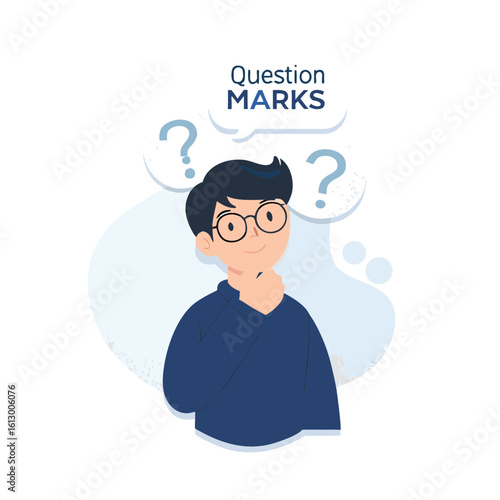 A Young Man Contemplating With a Question Mark Floating Over His Head Expressing Confusion and Deep Thought Amidst Blue Hues