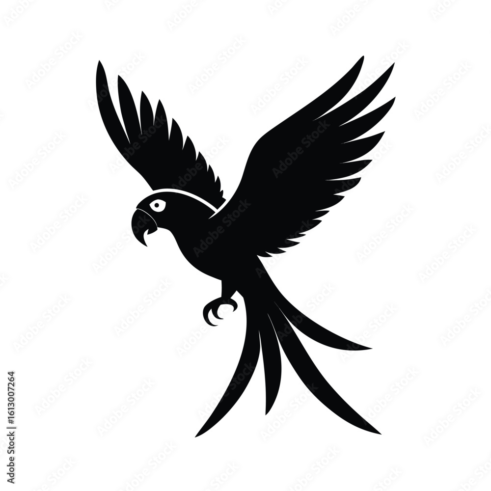 Fototapeta premium Dynamic black silhouette of a macaw parrot flying diagonally across the sky