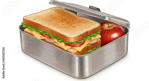 Classic Metal Lunchbox with Sandwich and Apple Illustration Style.