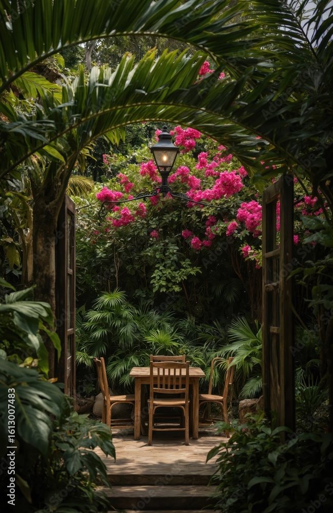 Obraz premium Tranquil tropical garden features wooden patio with table and chairs. Vibrant pink flowers bloom around green foliage. Wooden doors and windows frame the serene, lush greenery.