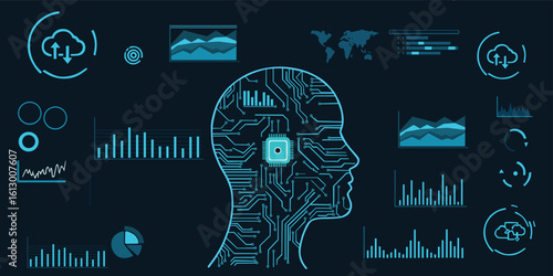 Futuristic Artificial Intelligence Interface with Human Head Circuit and Data Analytics


