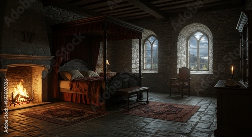 Cozy medieval bedroom with a stone fireplace