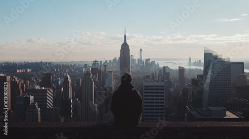 Person sitting overlooking a vast cityscape at sunrise majestic skyscrapers and hazy horizon