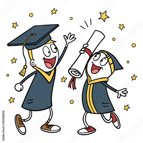 Two happy students in graduation caps celebrate their achievement with a diploma