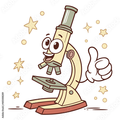 A happy yellow microscope gives a thumbs up with stars