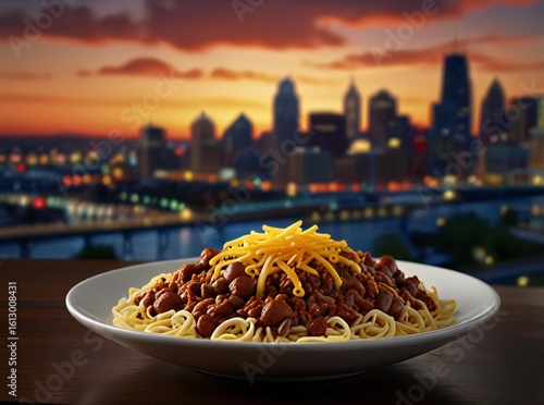 Hearty skyline chili over spaghetti with shredded cheddar cheese