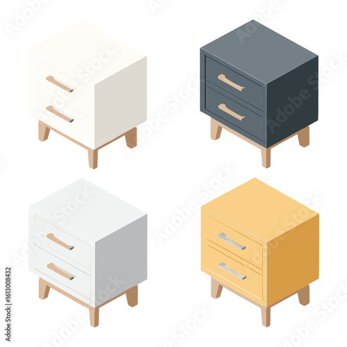 set of 3 isometric filing drawers and cabinets in various colors for office organization