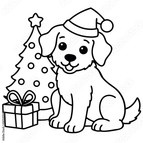 Outlined puppy wears Santa hat next to a Christmas tree and gift