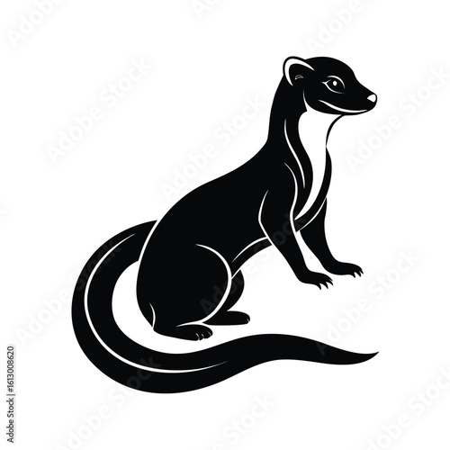 Alert mongoose black silhouette standing fiercely on a clean white background