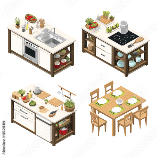 set of 3 isometric restaurant table scenes with food and seating arrangement
