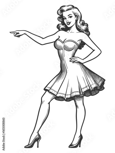 confident woman with voluminous hair pointing sideways, ideal for directing attention in designs sketch engraving generative ai fictional character vector illustration. Scratch board. Black and white.
