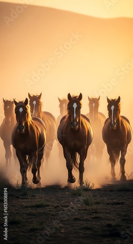 A herd of horses gallops through a dusty field at sunset