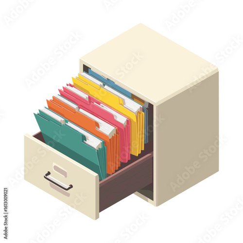 isometric filing cabinet drawer with stacked folders for office or archive organization