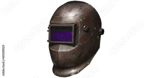 Worn Welding Mask with Purple Lens Industrial Safety Gear Isolated.
