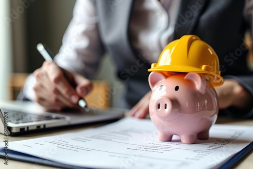 Accountant Examines Piggy Bank Wearing Construction Hard Hat on Invoice