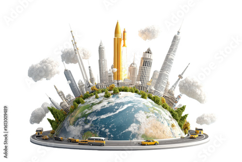 Global Landmarks Rocket Launch Earth Travel, isolated on a transparent background