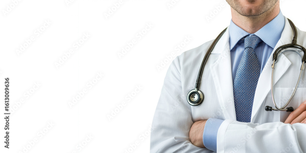 Male doctor with crossed arms on white background. An impersonal image without a face. Medical banner. Free space for copying. Banner. Doctors' advice. Health Concept Male doctor with crossed arms on white background. An impersonal image without a face. Medical banner. Free space for copying. Banner. Doctors' advice. Health Concept