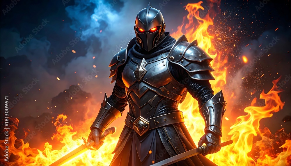 Fototapeta premium Fiery battle scene featuring a dark armored knight wielding two flaming swords