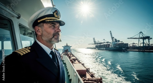 Captain on ship's bridge, overseeing cargo ship