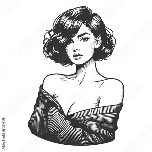 Woman in Sweater revealing shoulder sketch engraving generative ai fictional character vector illustration. Scratch board imitation. Black and white image.