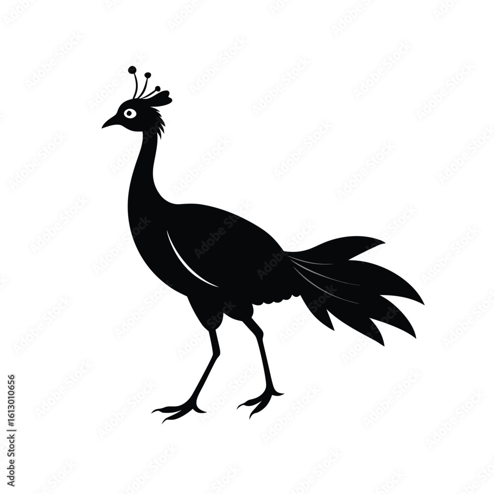 Obraz premium Elegant black silhouette of a peacock walking gracefully in side profile