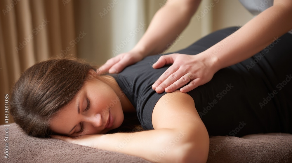 Fototapeta premium A woman receiving a massage from a masseuse in a dimly lit room with beige curtains.