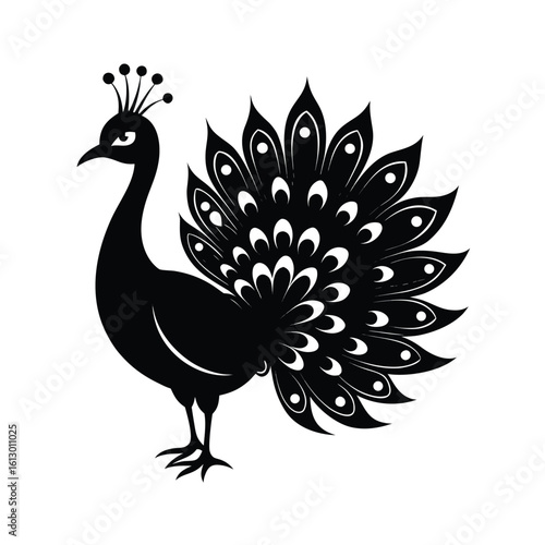 Elegant black silhouette of a peacock with its magnificent feathers fully spread