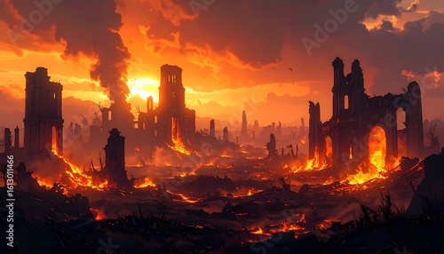 Fototapeta Naklejka Na Ścianę i Meble -  Fiery sunset illuminates ruined city engulfed in flames
