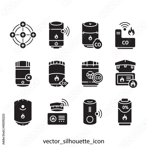 black silhouette icons of industrial water heaters or boilers with various symbols, for website, presentation or marketing material, Isolated on transparent background, eps