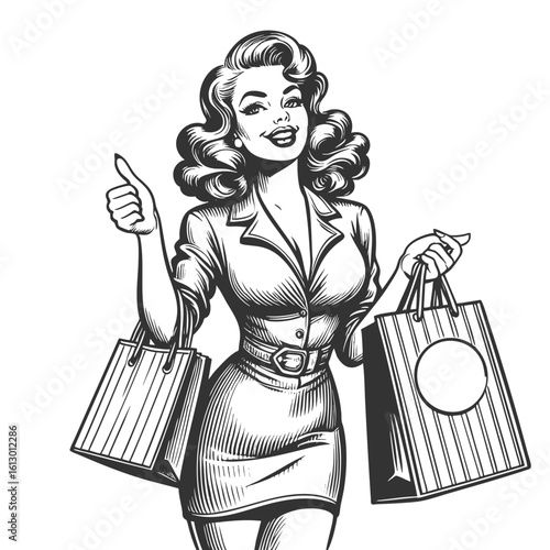 cheerful woman with long hair holding shopping bags and giving a thumbs up sketch engraving generative ai fictional character vector illustration. Scratch board imitation. Black and white image.