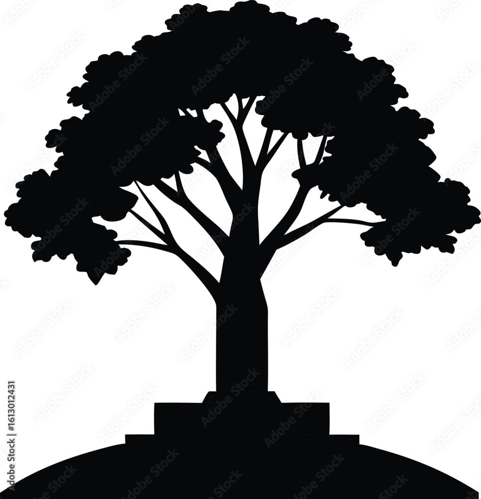 Fototapeta premium A striking black silhouette of a large mature tree with a thick trunk and spreading branches isolated on white background silhouette
