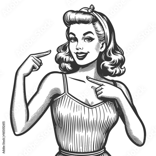 confident woman smiling and pointing at herself, expressing pride and self-assurance sketch engraving generative ai fictional character vector illustration. Scratch board. Black and white image.
