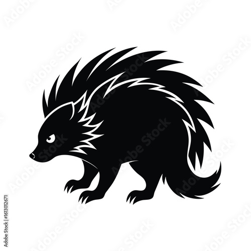 A striking black silhouette of a porcupine in a defensive posture ready to defend itself