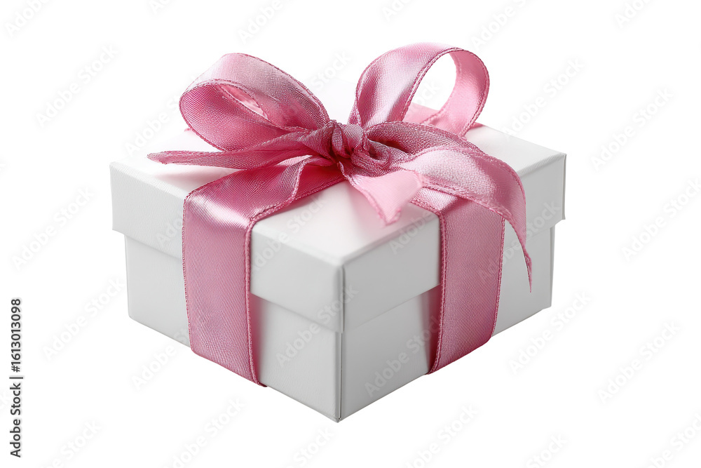 Fototapeta premium White gift box with pink ribbon elegant present surprise, isolated on a transparent background