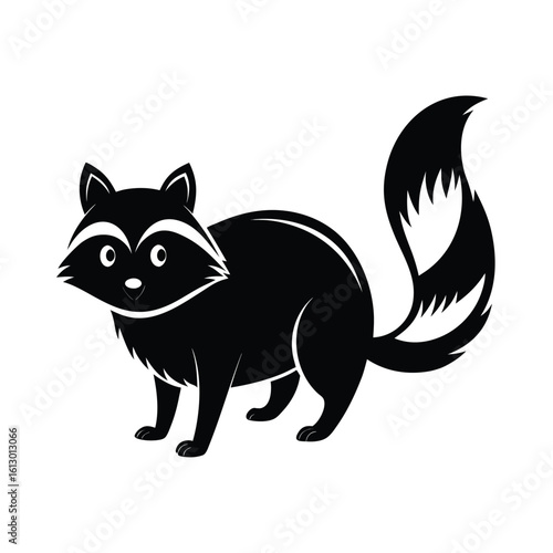 Black silhouette of a raccoon with a bushy tail sneaking