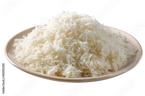 A plate of fluffy white rice simple food delicious meal, isolated on a transparent background