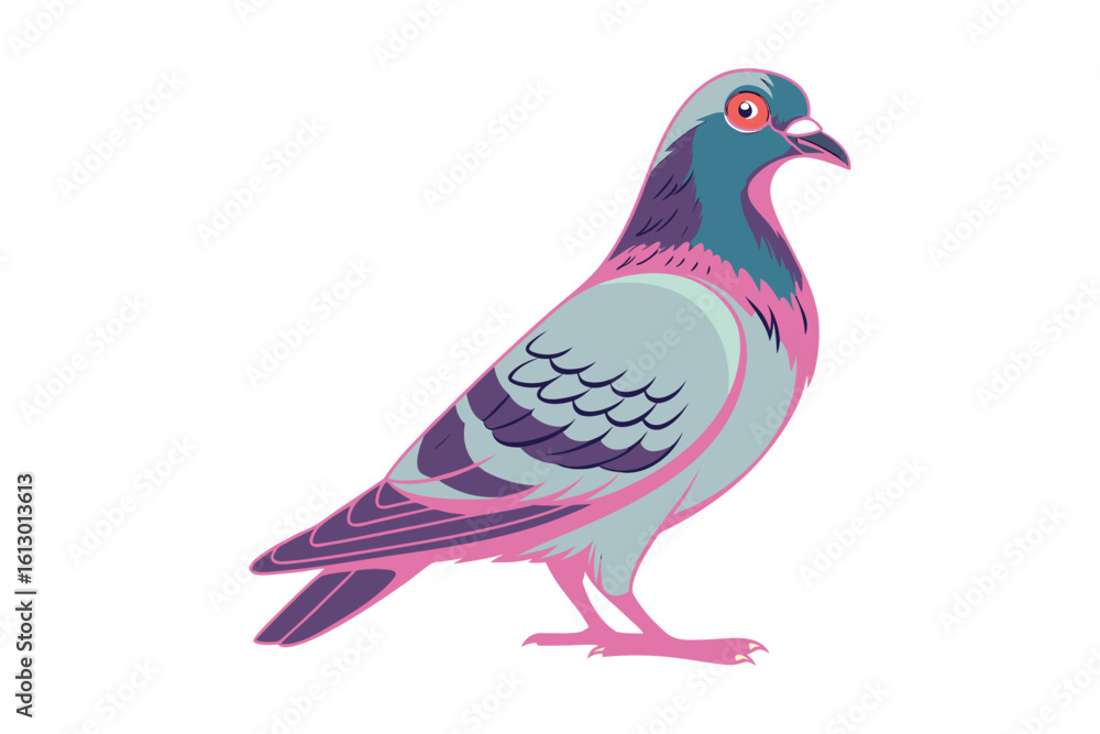 Fototapeta premium Stylized illustration of a colorful pigeon with vibrant purple and pink accents standing alert on a clean white background silhouette isolated on white background