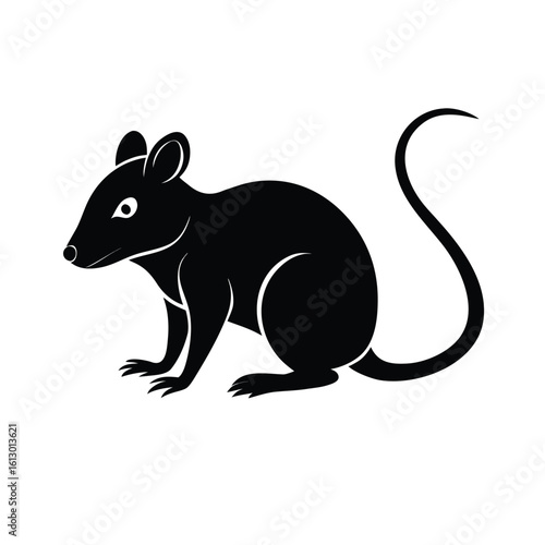 Black silhouette of a rat sniffing with its tail extended and raised