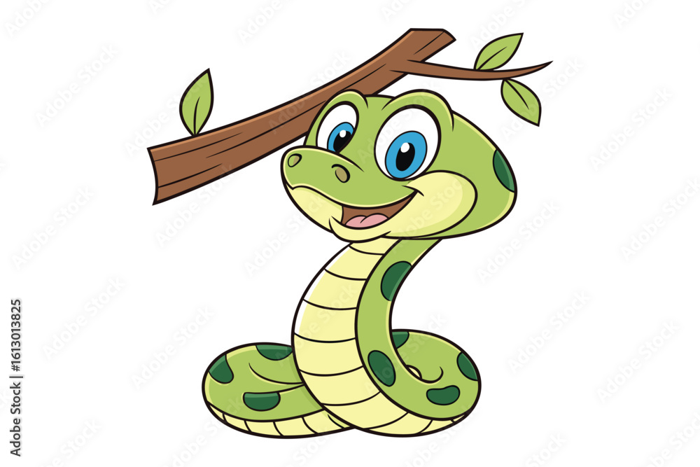 Fototapeta premium Cute cartoon green snake with big eyes smiling and coiled around a tree branch isolated on white background silhouette
