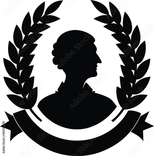 Classic silhouette of a historical figure s profile within a laurel wreath and banner isolated on white background silhouette