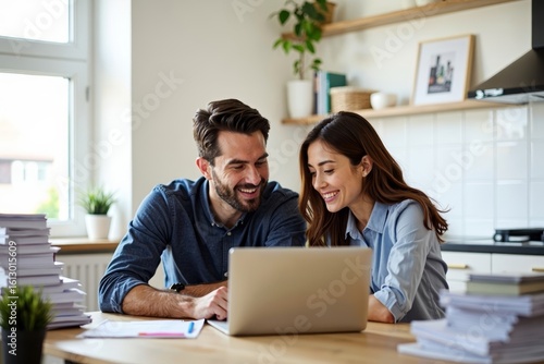 A couple diligently crafts a family budget amidst piles of paperwork and bills, engrossed in their laptop screen.