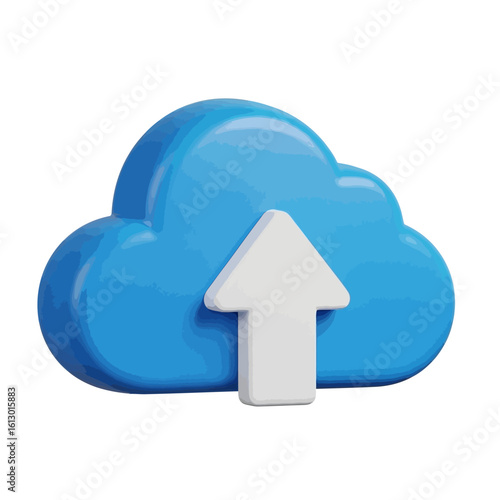 A 3D rendered blue cloud icon with a white upward-pointing arrow, symbolizing data upload or cloud storage.