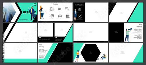 Presentation, Set. A team of people creates a business, teamwork. Business, launching a new financial project. powerpoint, infographic design template, green, black elements. Vector illustration