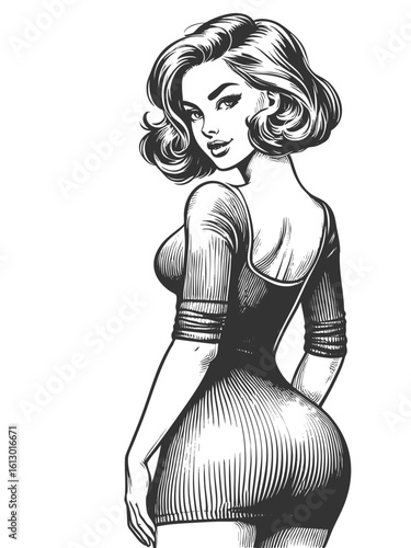 confident woman in a fitted dress, looking over her shoulder with a glamorous expression sketch engraving generative ai fictional character vector illustration. Scratch board. Black and white image.