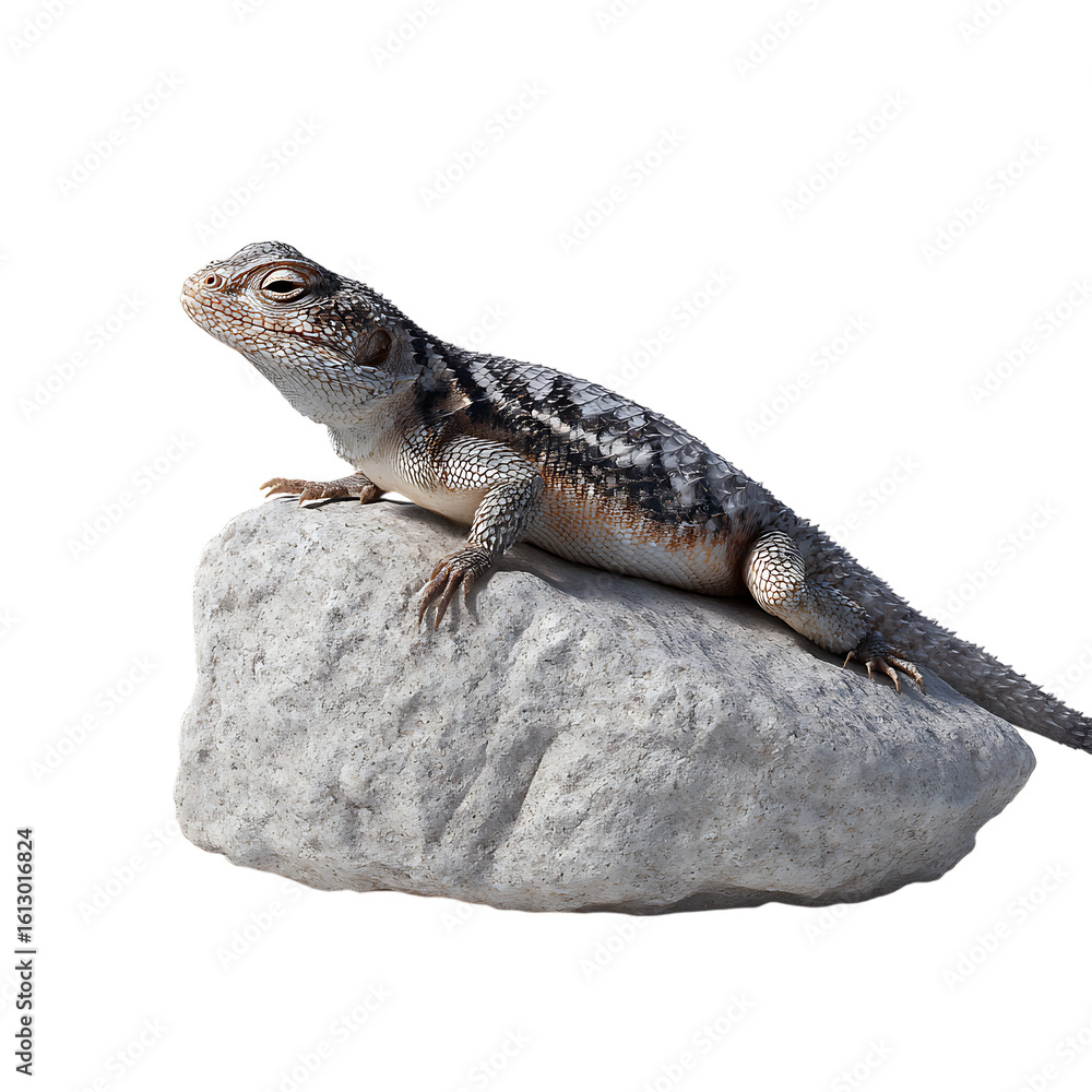 Naklejka premium A small lizard with intricate patterns rests on a textured grey rock, isolated on white on transparent background