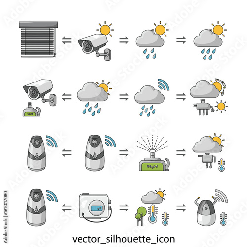 Weather conditions and security camera icons set, vector illustration for website or app UI, security system or surveillance concept