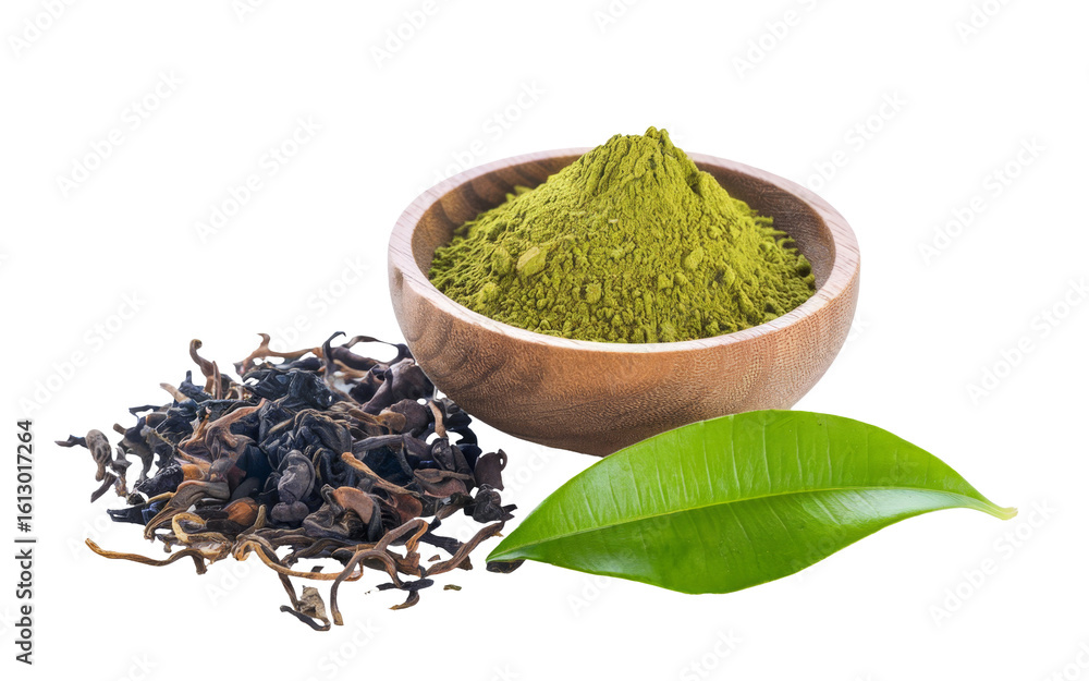 Fototapeta premium matcha tea powder, black tea and leaf isolated on background