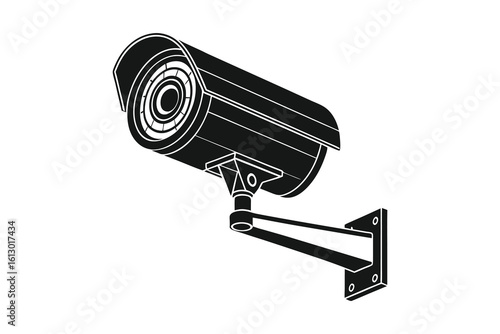 Black silhouette of a security surveillance camera mounted on a bracket isolated on white background