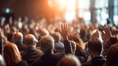 Fototapeta Naklejka Na Ścianę i Meble -  A crowd of people raising their hands in a conference or seminar setting.