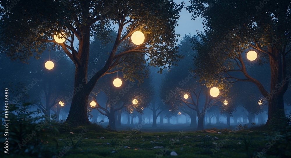 Obraz premium Enchanted Forest: Trees adorned with glowing orbs creating a whimsical atmosphere